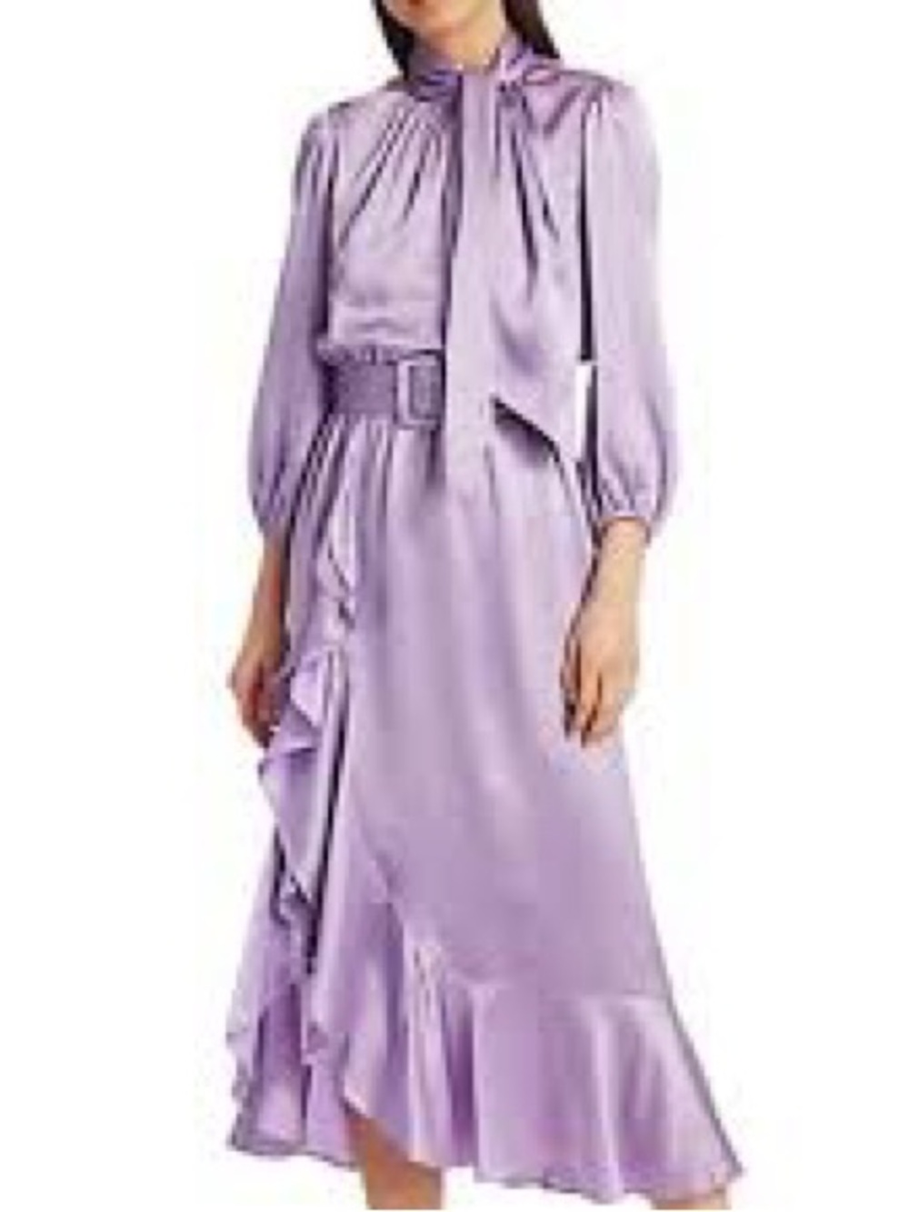 cinq a sept Lavender Satin Tie-Neck Belted Midi Dress NWT